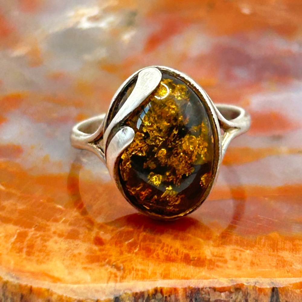Sterling Silver Amber Ring - Size 6.5